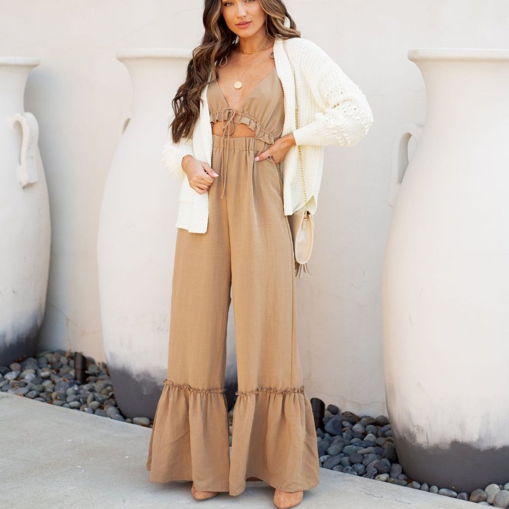 NEW -GIVE A LITTLE CUTOUT RUFFLE TIE JUMPSUIT